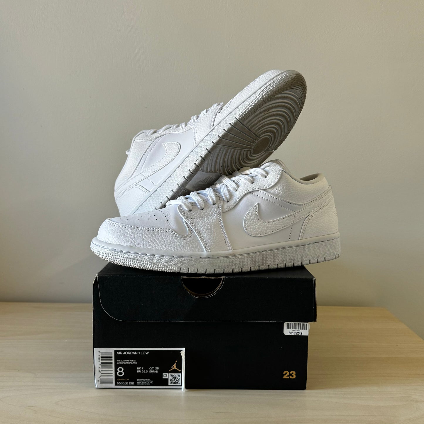 Jordan 1 Low Triple White Tumbled Leathered